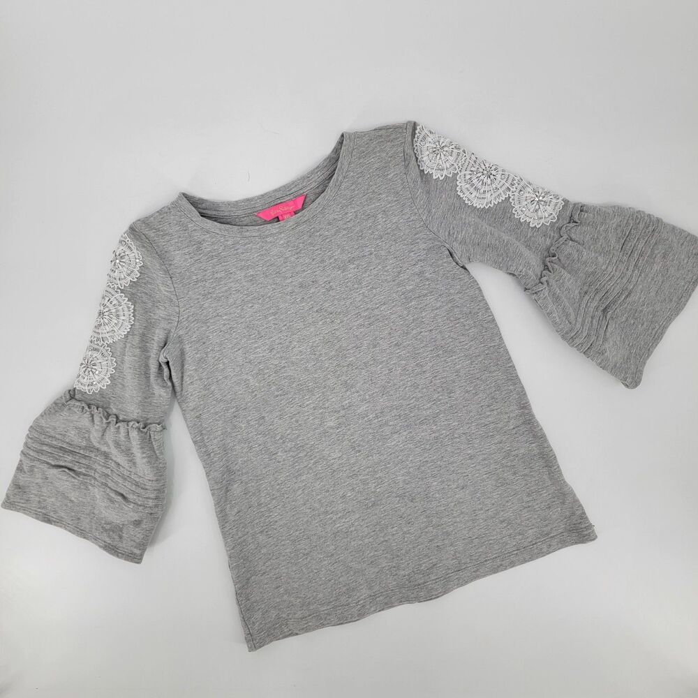 Lilly Pulitzer Womens Grey 3/4 Flared Sleeve Lace Rhinestones Shirt XXS